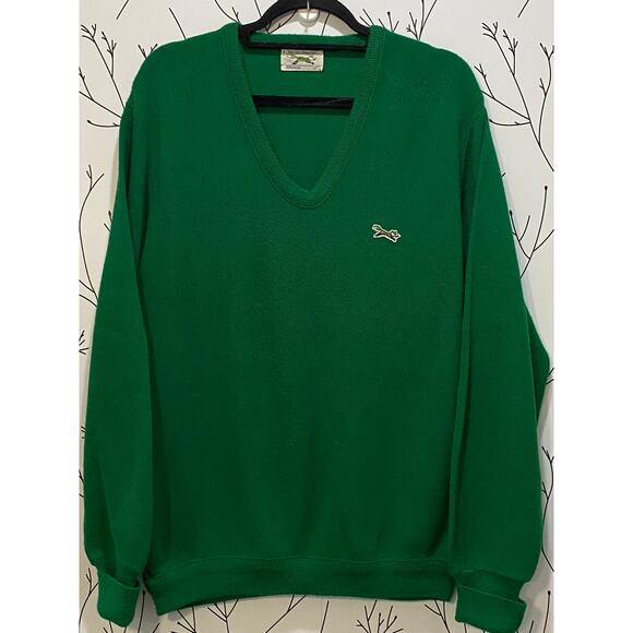 VINTAGE 70s THE FOX SWEATER Kelly Green Vneck MEDIUM Grandpacore Academia Prep - Picture 2 of 6